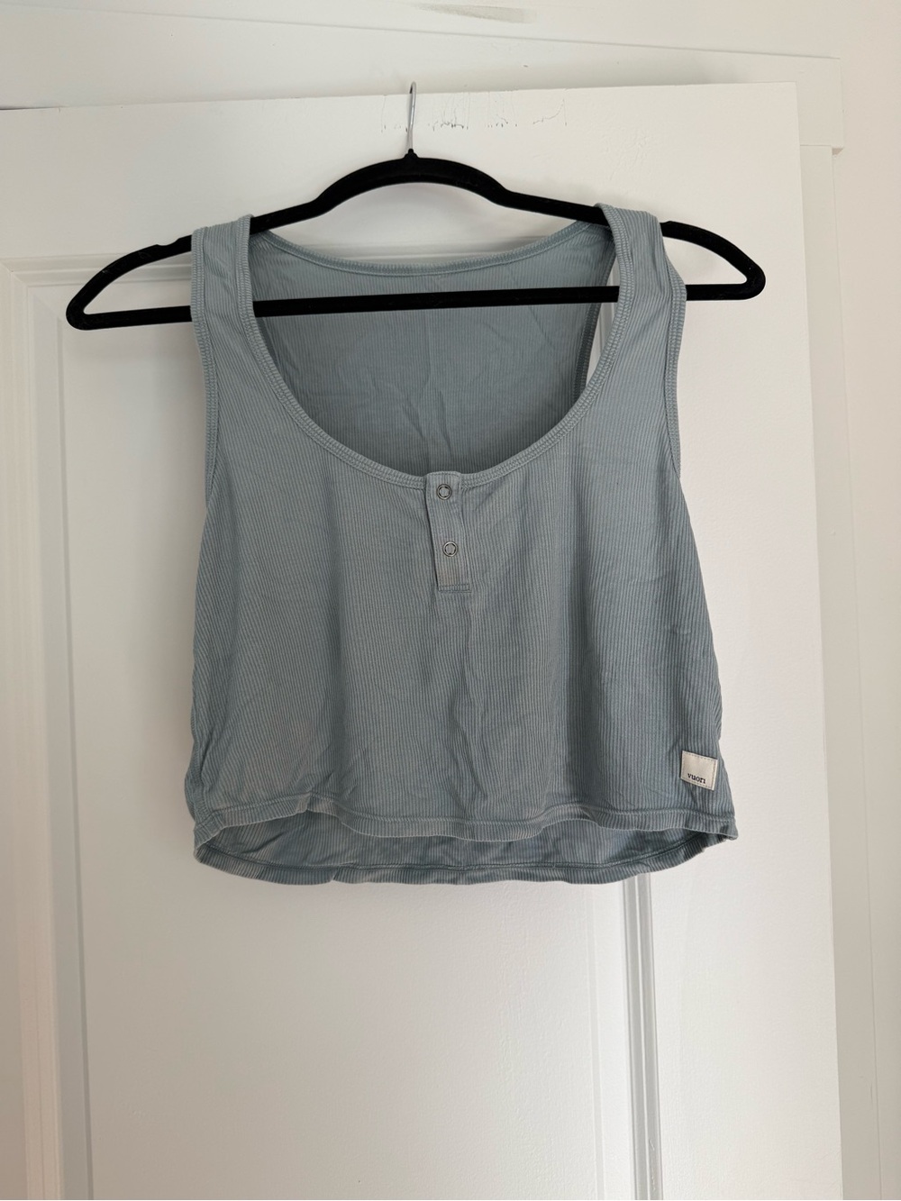 Vuori Light Blue Ribbed Henley Cropped Tank Top